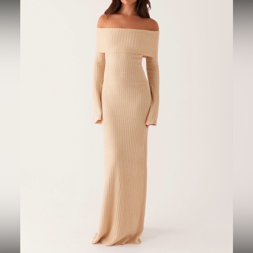 Peppermayo Strapless Ribbed Maxi Dress in Beige